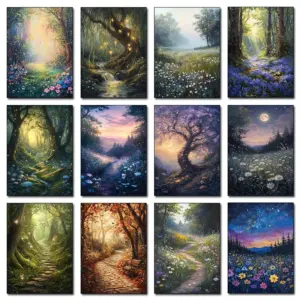 Fairy Forest Path Tree Wildflower Poster Dark Academia Vintage Nature Landscape Canvas Printing Wall Art Room Cottagecore Decor