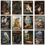 Bookish Sleeping Cat Owl Poster Moody Books Library Gothic Canvas Painting Wall Art Print Victorian Dark Academia Home Decor