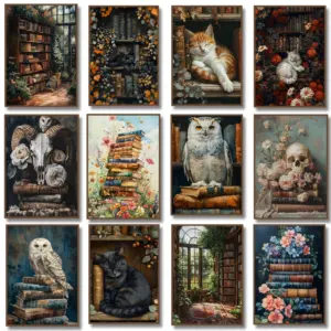 Bookish Sleeping Cat Owl Poster Moody Books Library Gothic Canvas Painting Wall Art Print Victorian Dark Academia Home Decor
