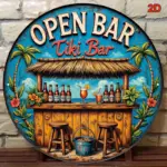 Retro Beach Tiki Bar Metal Round Sign 8 Inch Wall Art Decor