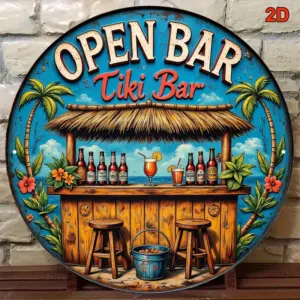 Retro Beach Tiki Bar Metal Round Sign 8 Inch Wall Art Decor