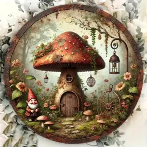 2D Retro Mushroom House Decorative 8in Wooden Disc Dreamy Forest Design Dwarf Old Man Bedroom Living Room Party Decoration Gift
