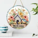 1pc Rustic Farmhouse Circular Wooden Welcome Sign, UV Printed Spring/Summer Floral and Bird Design, Versatile Wall Decor for Hom