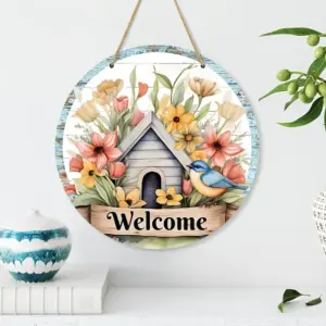 1pc Rustic Farmhouse Circular Wooden Welcome Sign, UV Printed Spring/Summer Floral and Bird Design, Versatile Wall Decor for Hom