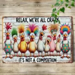 Metal Wall Decor, 8x12 Inch Funny Farmhouse Chicken Sign with Relax Quote, Colorful 2D Wall Art for Living Room Kitchen,