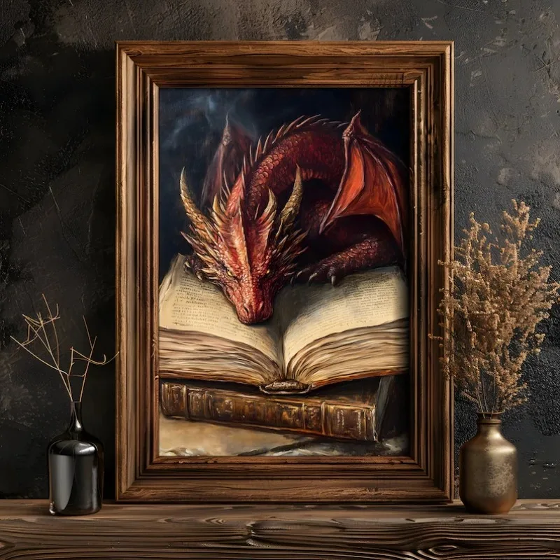 Large Dragon Reading Book Poster Gothic Animal Dragoncore Canvas Painting Fantasy Wall Art for Dark Academia Room Home Decor - Image 2