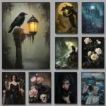 1pc frameless canvas painting Raven Mermaid Witch Castle Floral Dark Academia Poster Canvas Painting Print Wall Art Picture for