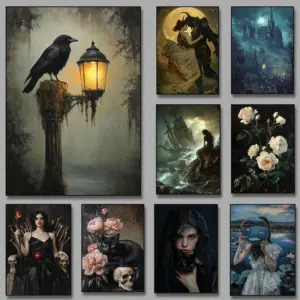 1pc frameless canvas painting Raven Mermaid Witch Castle Floral Dark Academia Poster Canvas Painting Print Wall Art Picture for