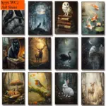 1pc frameless Canvas Painting Vintage Moth Fox Wolf Swan Raven Deer Owl Book Mushroom Poster Dark Academia Gothic Rustic Aesthet