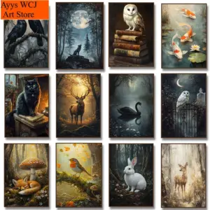 1pc frameless Canvas Painting Vintage Moth Fox Wolf Swan Raven Deer Owl Book Mushroom Poster Dark Academia Gothic Rustic Aesthet