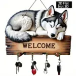 2D Husky Dog Pattern Wooden Keychain with Four Metal Hooks, Suitable for Home, Wall, Porch, Room, Four Seasons Decoration, Gift
