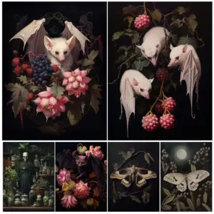Albino Fruit Bat And Moon Moth  Dark Gothic Academia Wall Art Canvas Painting Greenhouse Dark Apothecary Art Poster Print Decor
