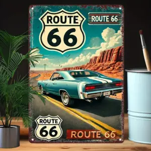 Vintage Route 66 Metal Sign - Retro Americana Wall Art with Classic Car & Desert Landscape, Durable Iron Decor for Bar, Cafe, B