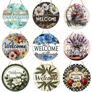 Vintage Welcome Flower Plant Sign, Round Wooden Wreath Sign for Home Room Farmhouse Porch Bar Cafe Wall Decor, Gift for Friends