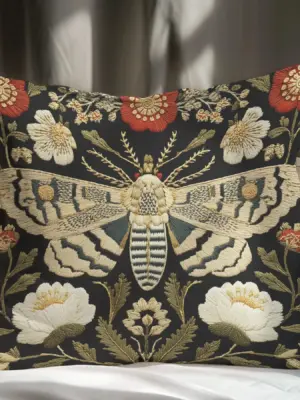 1pc Dark Academia Moth Pillow Cover,Gothic Botanical Non-Real Embroidered Look,Double-Sided Print