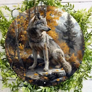 "Wolf in the Forest" Round Aluminum Sign, UV and Scratch Resistant, Easy-Hang, Outdoor and Indoor Decor, Wolf Wall Decor
