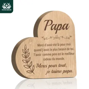 Putuo Decor 1pc French Heart Shaped Wooden Sign Table Decor, Papa, Desktop Decor for Home Farmhouse Living Room Fireplace Office
