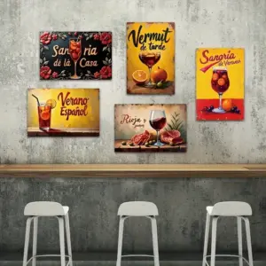 5pcs Vintage Spanish Metal Tin Sign Set - Spanish Bar Wall Decor for Tapas Bars, Restaurants, Cafes, Wine & Sangria Art Signs