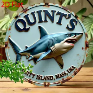 2D FlatRetro Round Aluminum Tin Sign-Vintage Shark & Quint's City Island Mass Wall Art, 8x8 Inch Rustic Metal Plaque for Kitchen