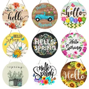 Hello Spring Sign Round Wooden Wreath for Front Door Decoration, Spring Decoration Sign for Home Wall Porch Decoration