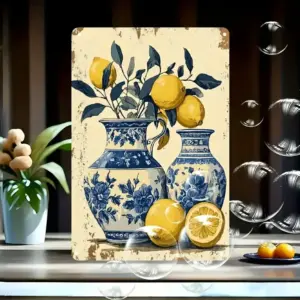 1pc Vintage Blue & Yellow Ceramic Lemon Metal Tin Sign Wall Art - Rustic Aluminum Farmhouse Decor,  Kitchen Wall Hanging