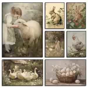 Bohemian Spring Easter Bunny Egg Canvas Print Goose Girl Cottagecore Animal Plant Wall Art Poster Canvas Painting Home Decor