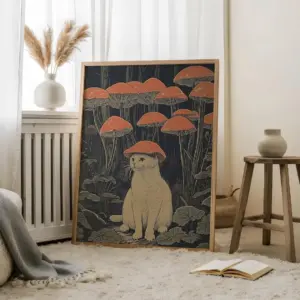 Cat With Mushroom Hat | Whimsical Cat Art | Fantasy Forest Art | Vintage Cat Mushroom | Cat Decor | Retro Cat Artwork | Woodland
