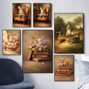 Boho Rabbit Bunny Vintage Poster Rustic Hare Cottagecore Print Canvas Painting Animal Wall Art Picture Easter Farmhouse Decor