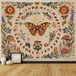 VIKAMA Forest Butterfly Mushroom Tapestry Vintage Rural Style Flower Plants Girl Heart Living Room Decoration Home Decoration