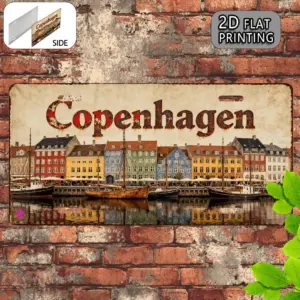 2D Flat, 1pc Vintage Copenhagen Metal Sign - 15x30cm Aluminum Wall Art with Colorful Cityscape Design, Nordic Style Home Decor