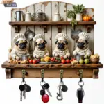 2D Flat, 1pc, Chef Pug Key Hook, Wooden Multi-Functional Home Key Hanger with Four Metal Hooks, Wall Decoration, Porch