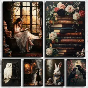 Vintage Dark Academia Animals Bunny Raven Victorian Woman Reading Library Poster Canvas Painting Wall Art Pictures Home Decor