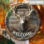 Round Deer Antler Welcome Sign - Country Style Wooden-Look Wall Decor, Synthetic Horizontal Hanging Art for Home