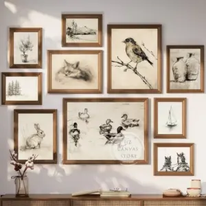Vintage Ducks Rabbit Trees Sketch Art Poster Canvas Printing Cottagecore Neutral Antique Wall Art Picture Farmhouse Home Deco