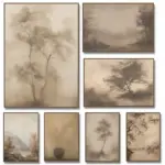 Retro Muted Misty Forest Olive Tree Brown Sketch Neutral Landscape Poster Canvas Painting Wall Art Pictures Home Decor
