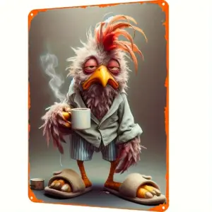 Charming Vintage Chicken in Slippers & Cup Metal Sign - 12x8" Retro Wall Art for Home, Bar, Cafe, and Garage Decor | Frameless T