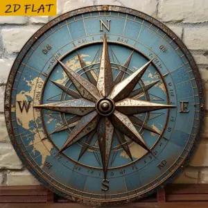 Antique Compass Wall Art Decor, Rustic Vintage Aluminum Sign for Home Bar Restaurant, 8" Round Unique Gift
