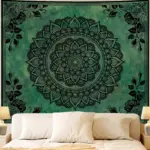 Elegant Green Mandala Tapestry with Black Floral Borders Boho Wall Art for Bedroom Living Room Decor