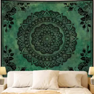 Elegant Green Mandala Tapestry with Black Floral Borders Boho Wall Art for Bedroom Living Room Decor