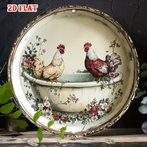 Vintage Farmhouse Rooster Metal Wall Art - 2D Flat Bathroom Sign, 7.8x7.8 Inch Aluminum Decor for Home Garage Coffee Decor