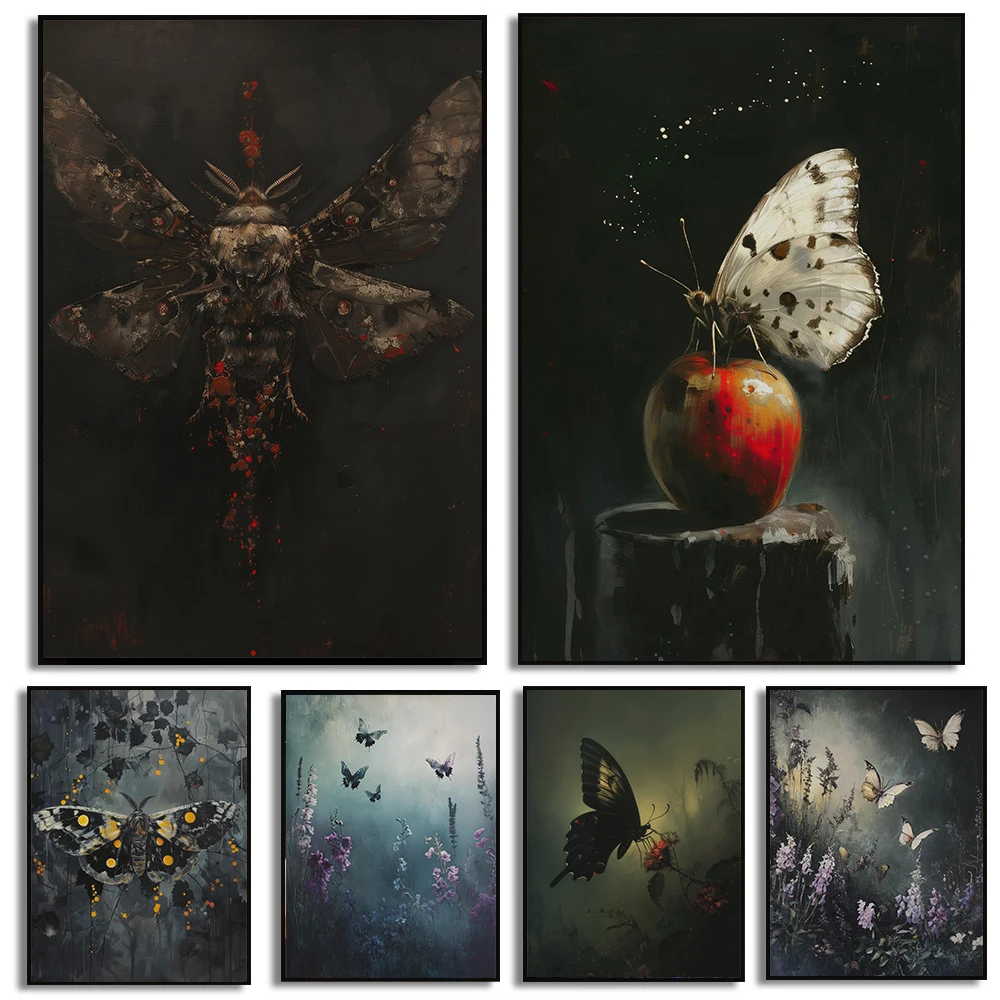 1pc frameless Dark Gothic Botanical Butterfly and Moth Posters Whimsical Cottagecore Garden Prints Canvas Painting Wall Art Home