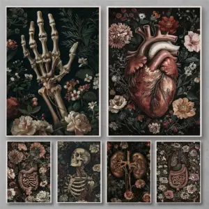 Floral Skeleton Portrait Anatomical Dark Academia Halloween Printable Spooky Decor Vintage Poster Gothic Painting Flower Skull