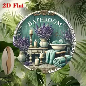2D Flat, Vintage Lavender & Candle Wood Wall Art - 7.8 Inch Round Rustic Bathroom Decor with Floral Design, No Electricity Neede