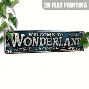 Vintage 'Welcome to Wonderland' Aluminum Sign (15.7" x 3.9") - Perfect for home, garden, bar and cafe decoration
