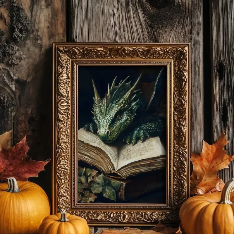 Large Dragon Reading Book Poster Gothic Animal Dragoncore Canvas Painting Fantasy Wall Art for Dark Academia Room Home Decor - Image 3