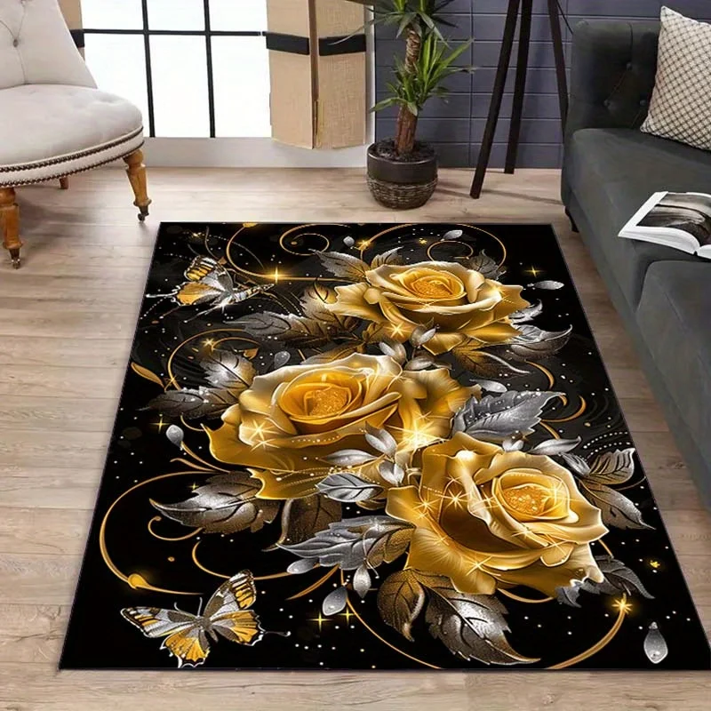 Golden Rose And Butterfly Print Flannel Rug Indoor Outdoor Soft Carpet For Living Room Garden Elegant Decor Artistic Design - Image 2