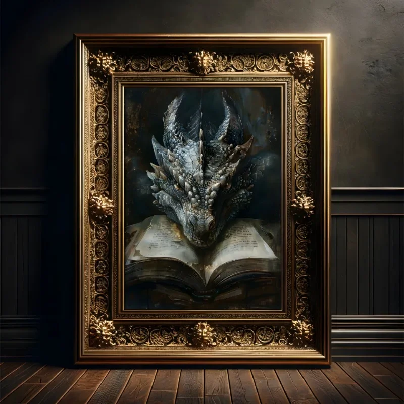 Large Dragon Reading Book Poster Gothic Animal Dragoncore Canvas Painting Fantasy Wall Art for Dark Academia Room Home Decor - Image 4