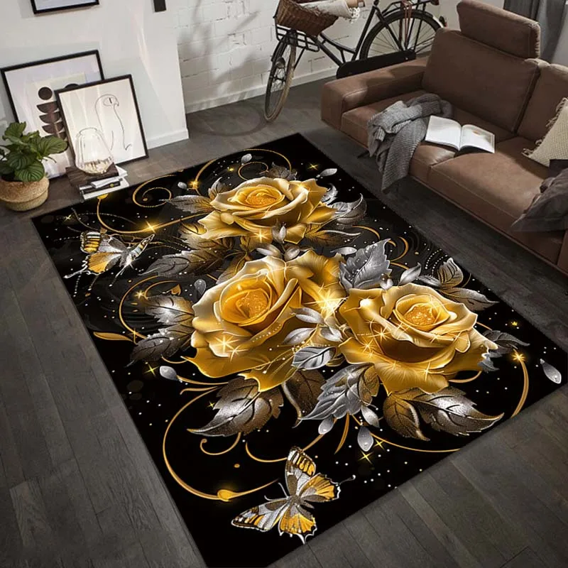 Golden Rose And Butterfly Print Flannel Rug Indoor Outdoor Soft Carpet For Living Room Garden Elegant Decor Artistic Design - Image 4