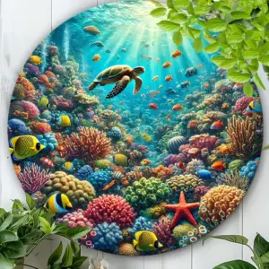 Round Metal Wall Art - Sea Turtle & Coral Reef Marine Life Decor, Frameless Nautical Metal Plate for home, Ocean-Themed Diving