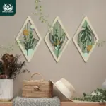 Putuo Decor 2D Flat 3pc Bohemian Wooden Hanging Sign, Plant Elements and Geometric Aesthetics, Wall Art Decor for Home, Gift